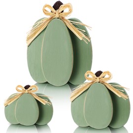 Ferraycle 3 Pcs Fall Pumpkin Decor Fall Wooden Signs 3D Pumpkin Tabletop Decor Farmhouse Sign Rustic Tiered Tray Decorations Block Centerpieces Standing Sign for Home Kitchen Harvest(Green Color)