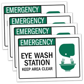 4 Pack Emergency Sign, Eye Wash Station Sign Decal, Keep Area Clear Sign Sticker, 10 x 7 Inches .Self Adhesive Vinyl, UV Protected, Weather Resistant, Waterproof.