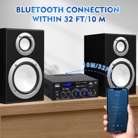 BT-398A Stereo Amplifier Receivers, Bluetooth 5.0 Audio Amp 2.0 Channel 60W+60W Rated Power Mini Speakers Sound Amplifiers Digital Amps w/FM Radio USB SD Card for Home Theater Audio System