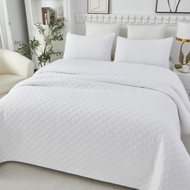 Brandream Cotton White Diamond Quilt Set Queen Size Quilt Bedding Set Full/Queen Elegant Matelasse Coverlet Set 3-Piece