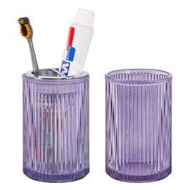 Tonxus Toothbrush Holders for Bathrooms, 2pcs Glass Toothbrush Holder, 12oz Bathroom Tumbler and Mouthwash Cup, Tooth Brush and Toothpaste Organizer for Bathroom Vanity Countertop (Purple Silver)