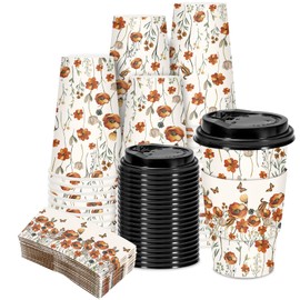 JarThenaAMCS 50 Sets Fall Floral Coffee Cups with Lids and Sleeves 16oz Autumn Wildflower Paper Cups Flower Disposable To Go Coffee Cup for Cafes Shops Cappuccino Chocolate Beverage