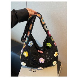 SHENHE Women's Crochet Tote Bag Hollow Out Slouchy Crossbody Beach Shoulder Bag for Travel Daily Black A One Size