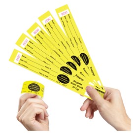 1000 Tags Made from Yellow Card Stock. Baggage Claim Check with Transfer Tape on Back, Printed in Black with Red Consecutive Numbering. Bag Identification Tag Size: 10 1/2" x 1 1/4"