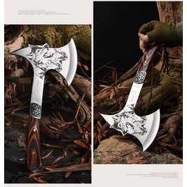Camping Hatchet with Nylon Sheath,Tomahawk Viking Axe Etched Wolf Head Stainless Steel with Full Tang Wooden Grip,Camping Axe for Outdoor Splitting Wood,Hunting Survival,Farming Activities (Wolf Axe)