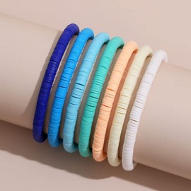 COLORFUL BLING Elastic Heishi Vinyl Clay Disc Bead Bracelets Bohemia Surfer Stacking Stretch Bracelet Set for Women Summer Holiday Beach Preppy Friendship Jewelry Gifts-blue