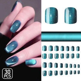 Light Blue Press On Nail Short Square Fake Nails With Glitter Design False Nails Press Ons Light Blue Glossy Glue On Nails Reusable Full Cover Stick On Nail For Women Manicure Decor 30Pcs
