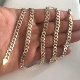 Harlembling Men's Flat Cuban Chain Or Bracelet - 6mm - 14k Gold Over Solid 925 Sterling Silver - Made in Italy - Two Tone Diamond Cut, 7 5 inch, Metal