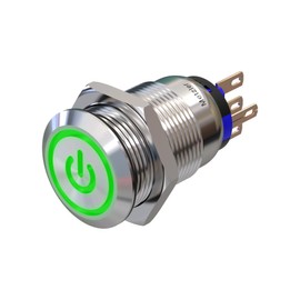 Flat – LED pressure switch – On/Off power symbol – diameter 19 mm – made of V2A stainless steel – dust and waterproof according to IP67 protection standard AC/DC – weather-resistant and durable – green.