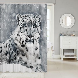 Snow Leopard Shower Curtain Cheetah Wild Animal Print Bath Curtain, Winter White Snow Decor Waterproof Fabric Bathroom Accessories with Hooks for Kids Girls Boys Teens, for Bathtubs 72Wx78L Inch