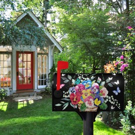 Dacawin Spring Flower Mailbox Covers Magnetic Oversized Pansy Floral Mailbox Post Cover Black Mailbox Decor Colorful Pansies Butterfly Mailbox Wrap Waterproof for Garden Yard Large Size 25.5 X 21 Inch