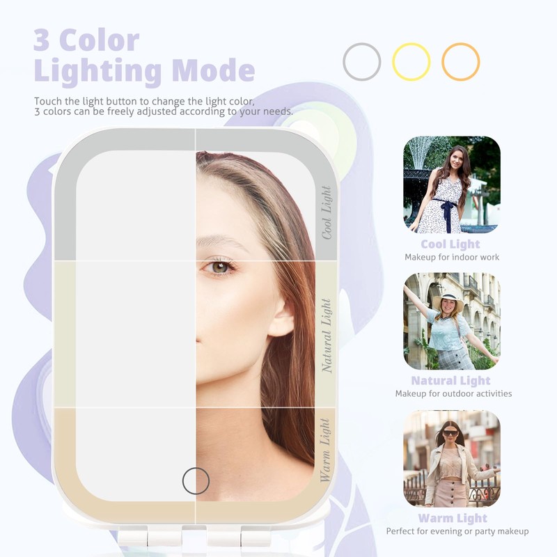 TREASO Travel Makeup Mirror, Portable Mirror with 3 Adjustable Light