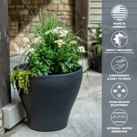 Step2 Fernway Round Planter, Large Planters for Outdoor Plants, Gardening and Flower Pot for Patio or Porch, Efficient Drainage, Durable Plastic, Onyx Black, 1-Pack