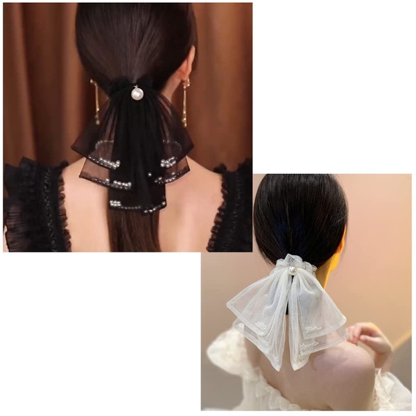 FASELE Ribbon, Elastic 2-Piece Set, Dot Pattern, Lace, Volume, Hair