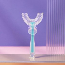 [Upgraded] U Shaped Toothbrush Kids Toddler Baby Toothbrushes 360 Degree Round Tooth Brush Extra Soft, Food Grade Silicone (Small (Age 2-6), Blue)