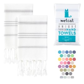 WETCAT Turkish Hand Towels with Hanging Loop, Set of 2 (20" x 30") 100% Turkish Cotton, Pre-Washed, Quick Drying, for Kitchen or Bathroom - Grey & White