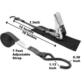 CustomTieDowns 1 Inch x 8 Foot Stainless Steel Ratchet Strap, Vinyl Coated S Hooks On Both Ends, Protective Pad Under Buckle. (Black)