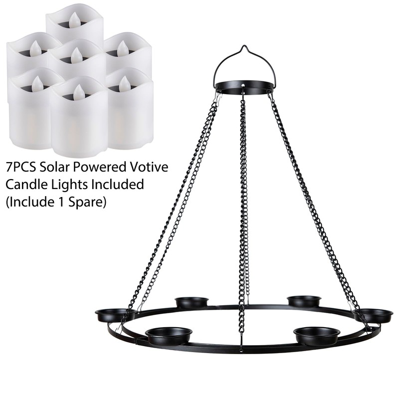 Outdoor Chandelier Solar, Hanging Candle Lantern with 7pcs Solar Powered