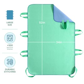 Positioning Bed Pad with Handles 34x36 Quick-Drying, 6-Handle Incontinence Bed Pads – Washable, Waterproof, Reusable Pads for Elderly, Bedridden, Transferring, & Mattress Protection