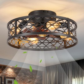 MeZeYo Farmhouse Ceiling Fans with Lights Remote Control,6 Speed Reversible Flush Mount Low Profile Rustic Ceiling Fan with Light with bulb 4*E26,Boho Bladeless Country Caged Ceiling Light Fixture