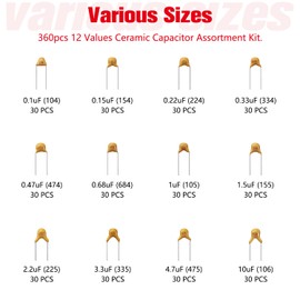 YIXISI 360 Pieces 12 Values 0.1uF-10uF 50V Ceramic Capacitor Assortment Kit, Multilayer Monolithic Ceramic Chip Capacitor, Ceramic Capacitor