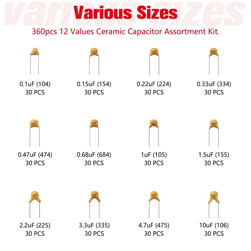 YIXISI 360 Pieces 12 Values 0.1uF-10uF 50V Ceramic Capacitor Assortment