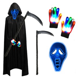 PASLFC Grim Reaper Costume Adult, Luminous Mask Set with Sensemann Cape and Scythe and Glow Gloves, Halloween Costume Adults, Costume Halloween Men for Party, Carnival, Cosplay