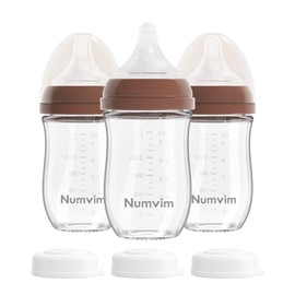 Numvim Natural Glass Baby Bottles Gentle & Extra Slow Flow, Newborn Breastfeeding Bottle with Anti Colic Nipple for 0 Months Babies, 3 Packs (Brown (3 Ounce + 5 Ounce), 1 Count (Pack of 3))