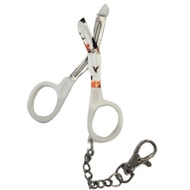 Novelty Nurse Mini Utility Scissors with Clip and Chain - White Handle with Flower Design Blades