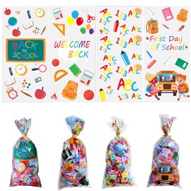FANOST 100Pcs Back to School Cellophane Treat Bags, Clear Candy Chocolate Cookies Goodie Bags with Twist Ties for Welcome Back to School First Day of School Snacks Gifts Decor Party Favors Supplies