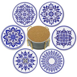 Coasters with Holder,Blue and White Style Ceramic Drink Coaster, Absorbent Coaster Sets of 6 for Tabletop Protection,Suitable for Kinds of Cups, Wooden Table, Unique Housewarming Gifts for Home Decor