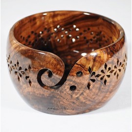 handmade Wooden Yarn Storage Bowl with Carved Holes & Drills Knitting Crochet Accessories