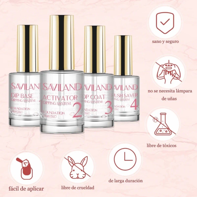 Saviland Dipping Uñas Base + Activador + Top + Brush