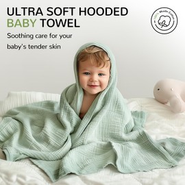 Momsnug Hooded Baby Towels, 3 Pack Muslin Cotton Baby Towel Set, Super Soft and Absorbent Bath Towel for Babies, Infant, Toddler and Kids, Newborn Essential (35 X 35 Inch) (Green + Grey + Blue)