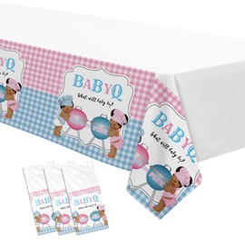 Suhelkit Baby Q Gender Reveal Decorations Tablecloth Party Supplies, 3 Pack Disposable BBQ Pink Blue Gingham Theme He or She Gender Reveal Table Cover, 55in x 86in