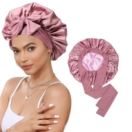 HAZMA 1 x Silk Bonnet for Sleeping, Bonnet for Curly, Straight Hair, Silk Hood with Wide Elastic Band, Bonnet for Night and Everyday Use, Satin Hair Cap, Sleep Cap Silk (Pink)