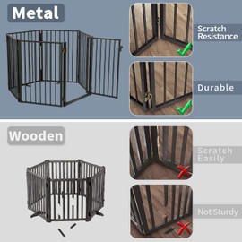Metal Freestanding Dog Gates with Door,Indoor&Outdoor Pet Fences for Puppy Dogs,Extra Wide Black Free Standing Foldable Dog Gate for Doorways,House,Stairs,Porch,Deck(6 Panels 24''H×120''W)