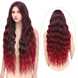 Atohallan Long Ombe Burgundy Wig for Women 36 inch Super Long Water Wavy Wigs Heat Resistant Synthetic Soft Wavy Fluffy Curly Wig for Daily Party Use