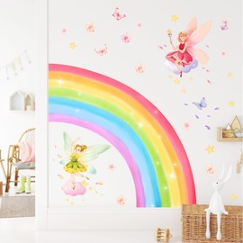 Large Rainbow Wall Decals Fairy Butterflies Flowers Wall Stickers Stars Peel and Stick Wall Art Decor for Girls Bedroom Kids Baby Nursery Living Room Playroom