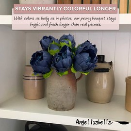 Angel Isabella Realistic Peony Bouquet - Real Touch Artificial Flowers for Decoration - Artificial Flowers Arrangements for Home, Wedding, Corsage, Boutonniere - 6 Blooms and 2 Buds, Marine Navy