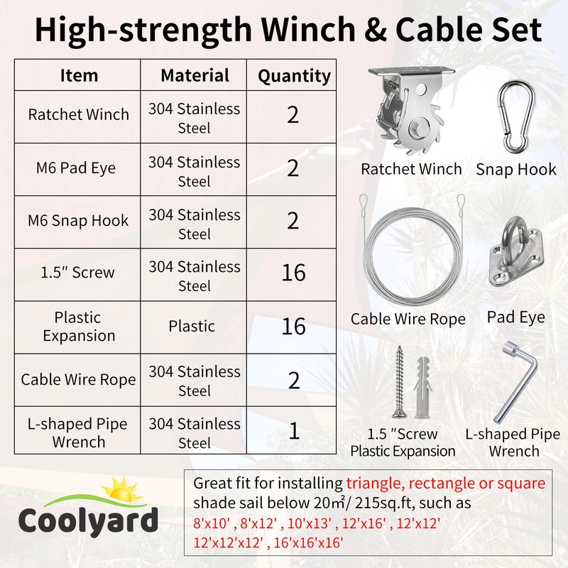COOLYARD Shade Sail Hardware Kit Ratchet Winch Set Cable Rope