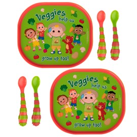 CoComelon Toddler Feeding Bundle with Reversible Plate and 4 Textured Spoons