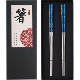 Metal Chopsticks Reusable Titanium Plated 18/8 Stainless Steel Chopsticks Dishwasher Safe Premium Non-Slip Laser Engraved Chop Sticks Korean Japanese Chinese Chopsticks 2 Pairs Gift Set Blue Silver