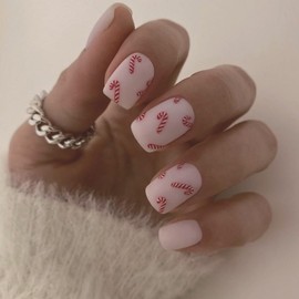 Christmas Short Press on Nails White Matte Acrylic Fake Nails Short Square Shape False Nails with Candy Cane Design Full Cover Glue on Nails Xmas Reusable Stick on Nails for Women Girls 24 Pcs