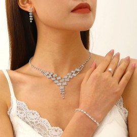 72ore Floral Wedding Guest Dresses for Women Rhinestone Wedding Jewelry Sets for Brides Bridesmaid Necklace Earrings Bracelet Set Costume Jewelry