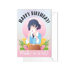 Happy Birthday Greeting Cards - Japanese Style Cute Kawaii Art Card with Envelope (Make A Wish!) - code H71