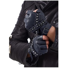 FIORETTO Men Genuine Leather Fingerless Gloves Punk Half Finger Gloves Unlined Sheepskin Gloves for Driving Motorcycle M16519, Navy Blue, Large
