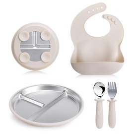 Stainless Steel Kids Plates & Spoon Set with Silicone Bibs–9”Divided Toddler Plates with Removable Suction Cups,Non-Toxic & BPA Free,Non Slip,Dishwasher Safe,Unbreakable baby plates(beige)
