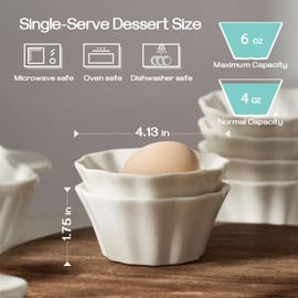 DOWAN Ramekins 6 oz, Creme Brulee Ramekins oven safe, Flower-Shaped Porcelain Ramekin for Baking Pudding, Souffle Dish, Custard Cups Dipping Sauce Bowls, Set of 6, Soft White
