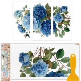 GLOBLELAND 3 Sheets Vintage Blue Flowers Colorful Rub on Transfers Retro Hummingbird Furniture Decor Transfer Sticker 11.8x5.9inch Plants Decals Stickers for Bedroom Living Room Desk Table Decoration